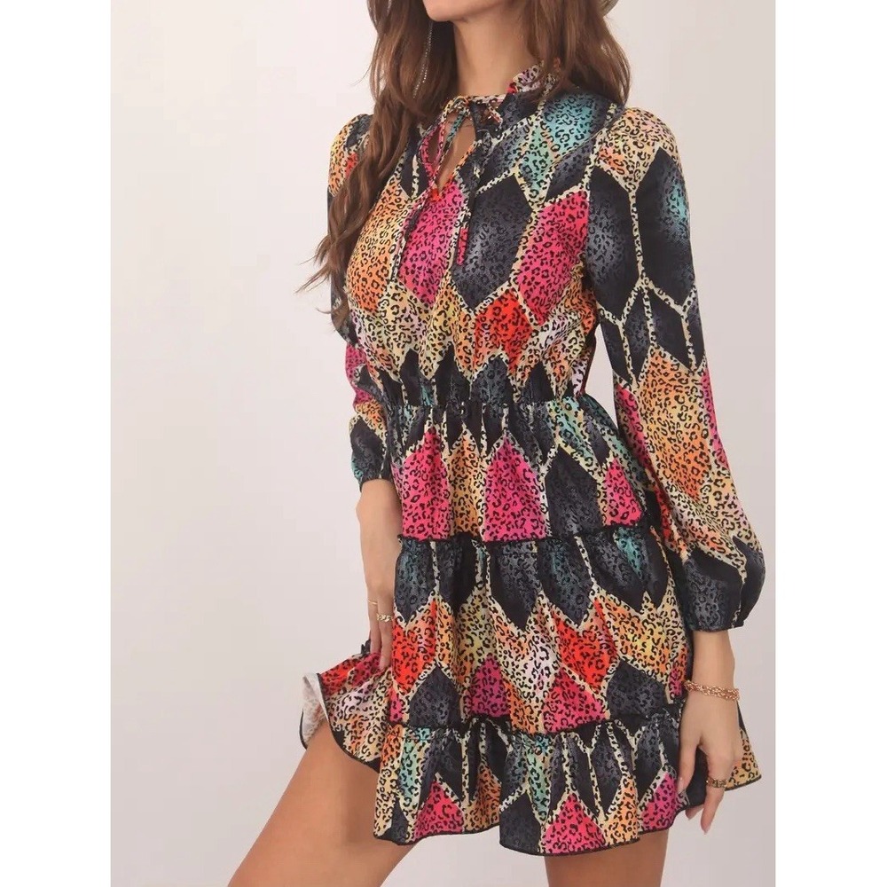Mulla Long Sleeve Multicolor Animal Print Tiered Mini Dress Small Boho Luxury